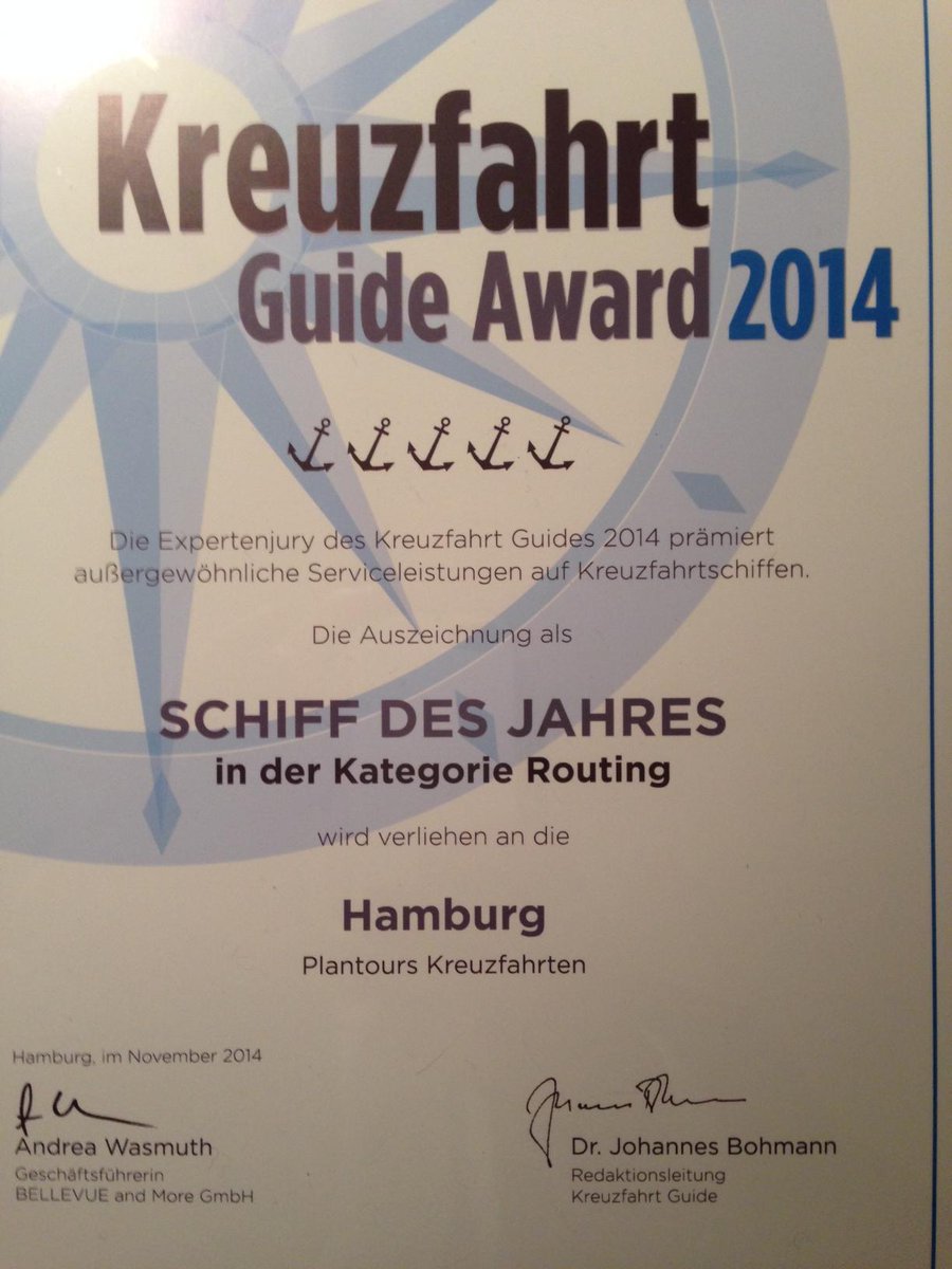 #KreuzfahrtGuideAward #plantours #MSHAMBURG 2014 zum 2. Mal in der Kategorie Routing gewonnen. plantours-partner.de