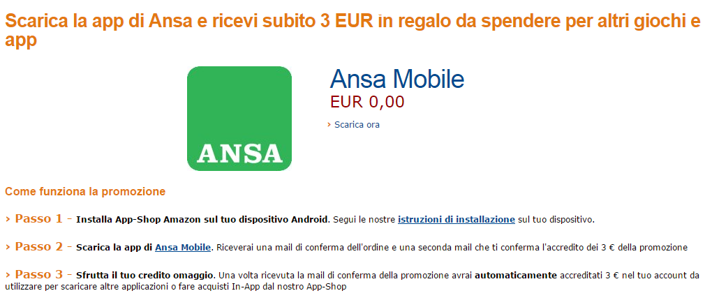 androidworldit's tweet photo. 3€ in #omaggio da spendere in #app e #giochi scaricando #ANSA Mobile da #AmazonAppShop >>> http://t.co/LzaYHDGMw4 http://t.co/TOuuGM4LVt