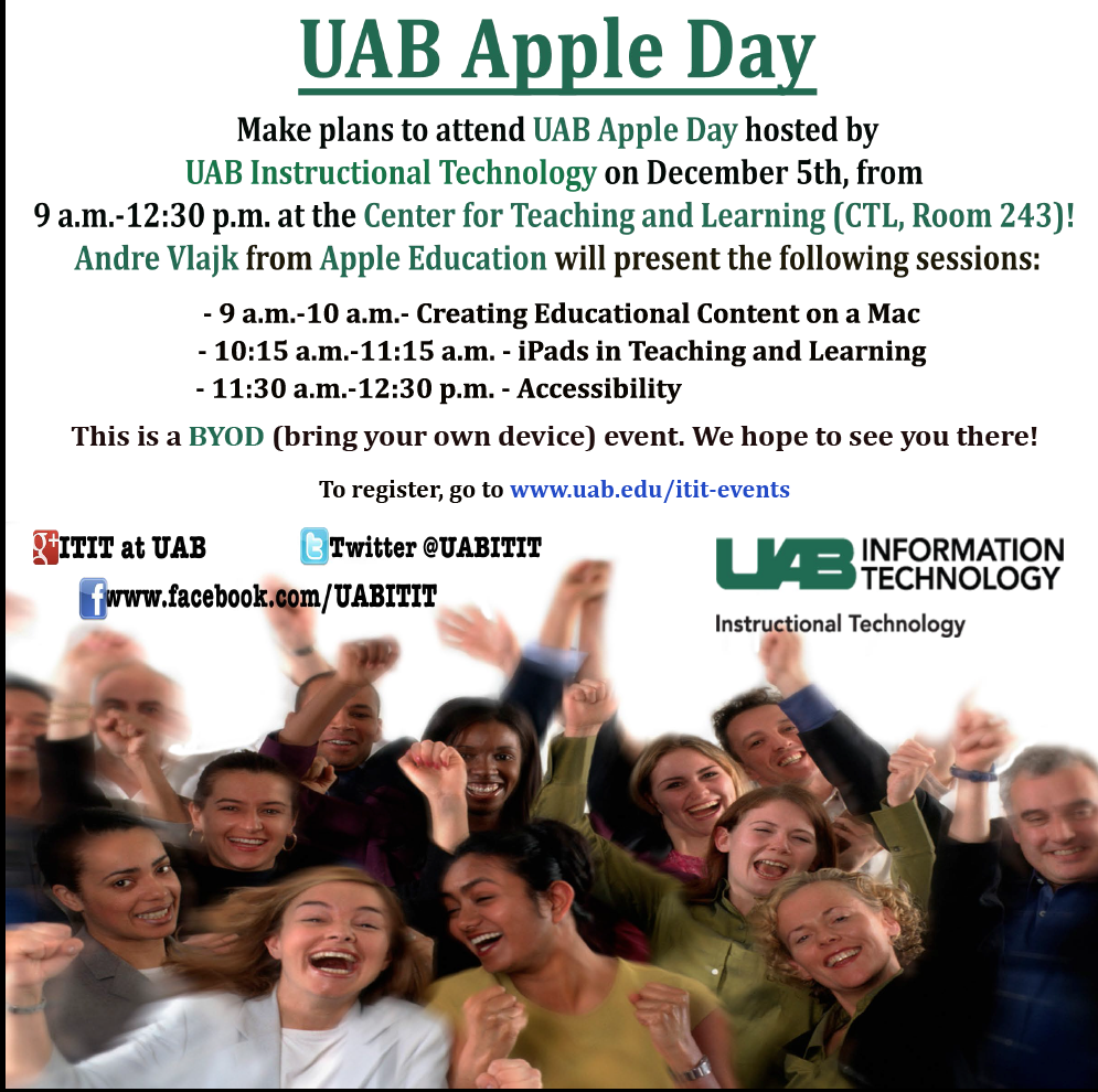 UABITIT's tweet photo. UAB Apple Day, December 5th from 9 a.m.-12:30 p.m., at the CTL. Go to http://t.co/GyoUHNYAg3 to register! http://t.co/TwDO9AHfQU