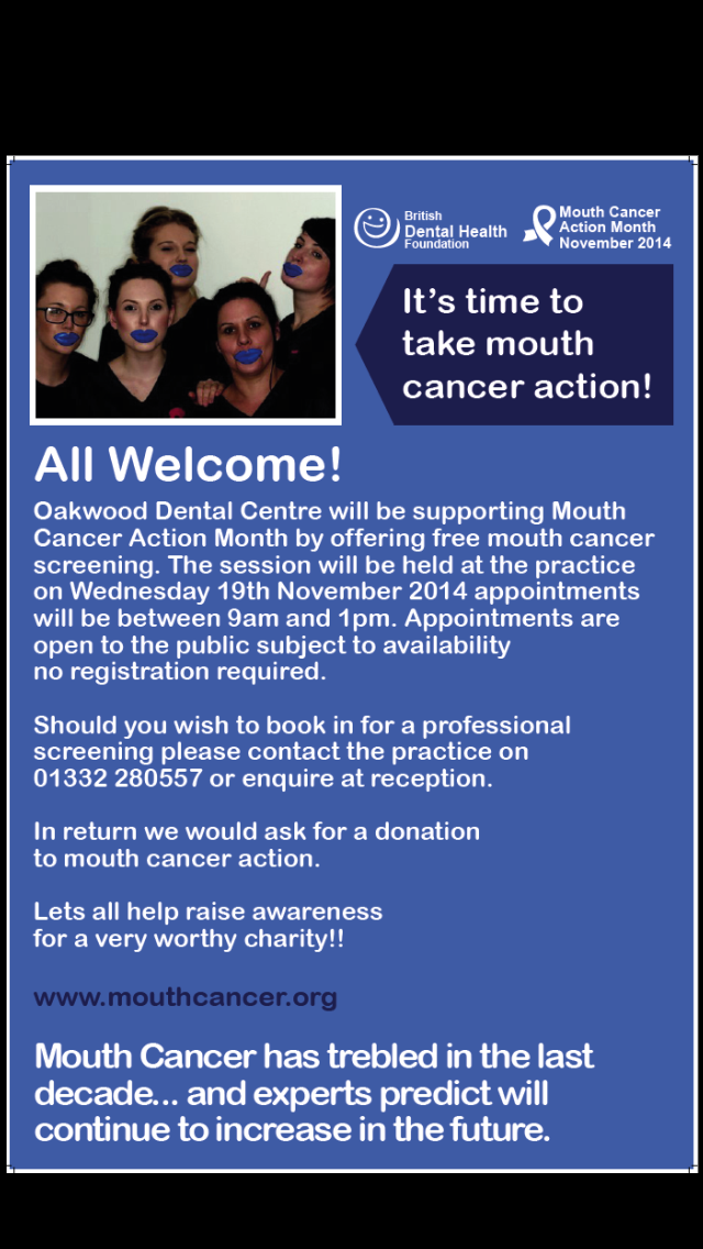 c_w_smiles's tweet photo. It's #Mouth #Cancer Action Month 
were raising awareness &amp; offering free oral health screenings call us for more info http://t.co/NcK6irVWzx