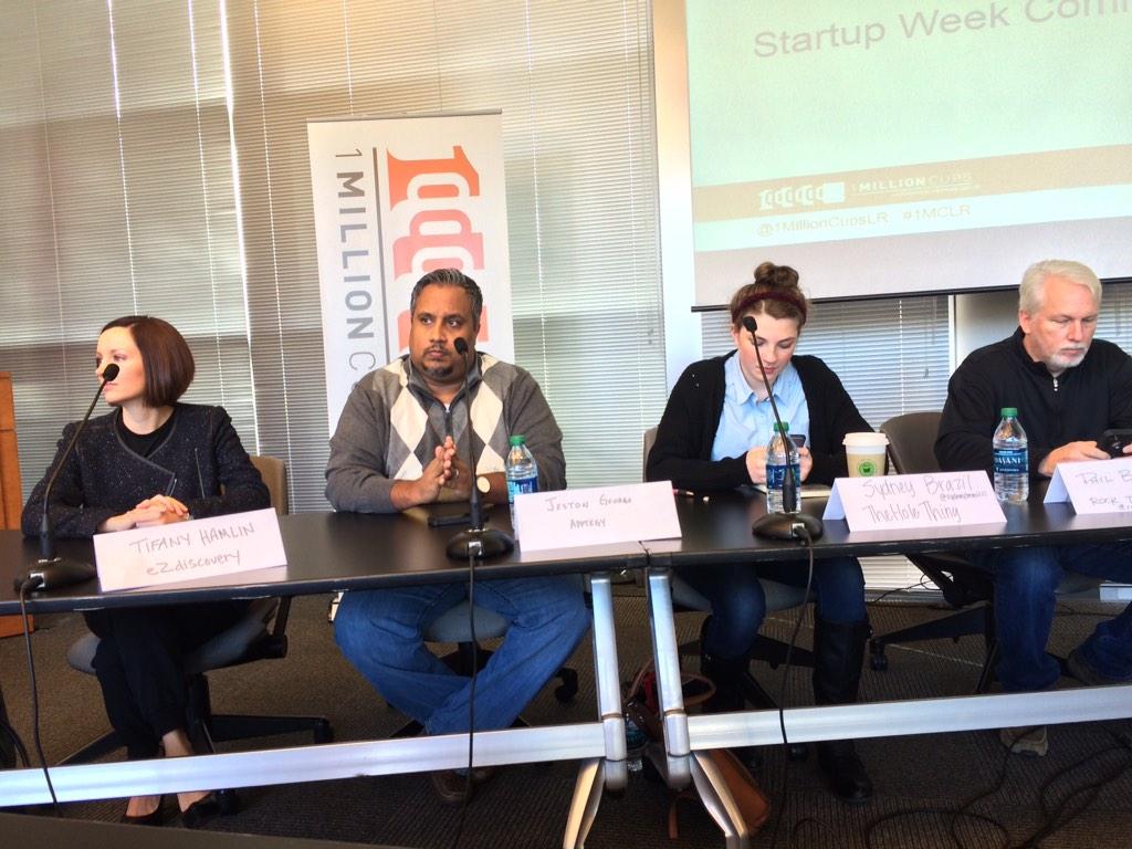 1MillionCupsLR's tweet photo. The panel is getting ready for #1MCLR. Let's do this! #ARidea #1MC #ARStartupWeek http://t.co/vhvt0V6szQ