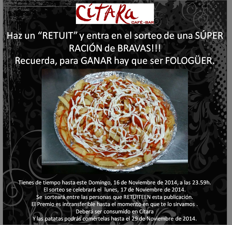 CITARACAFEBAR's tweet photo. ¡EL DÍA HA LLEGADO!
...y en #Cítara nos hemos vuelto locos!
¡Haz RETUIT y GANA una SÚPER ración de BRAVAS como esta! http://t.co/pdwqe6EcGE