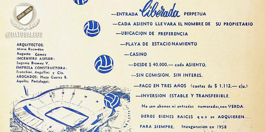DatosAlbos's tweet photo. [HACE 58 AÑOS] #ColoColo pone a la venta asientos DE POR VIDA para financiar la construcción del Estadio Monumental http://t.co/v31YUqZJYy