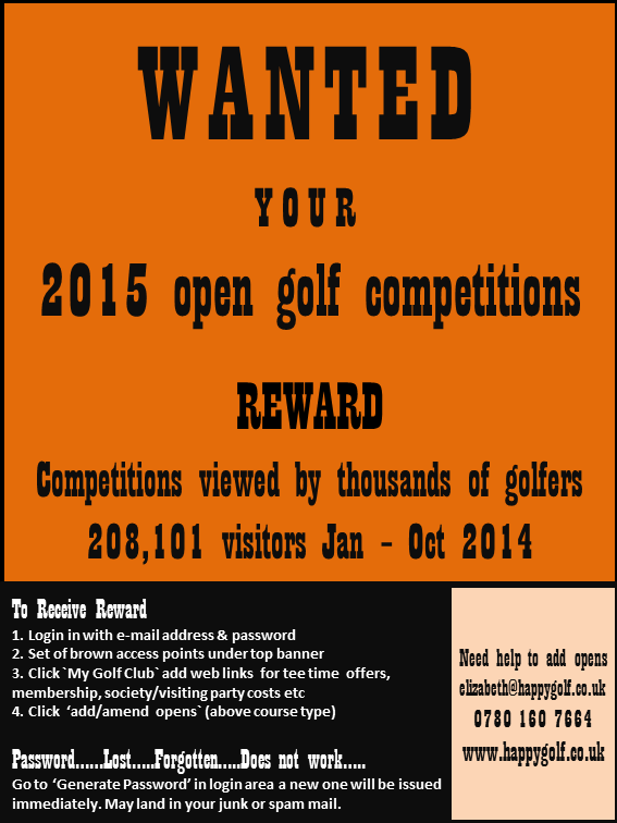 happygoolf's tweet image. Wanted #2015 #opengolfcomps #golfclubs add for #free. No #commission or #fee #golfers book direct with your #golfclub