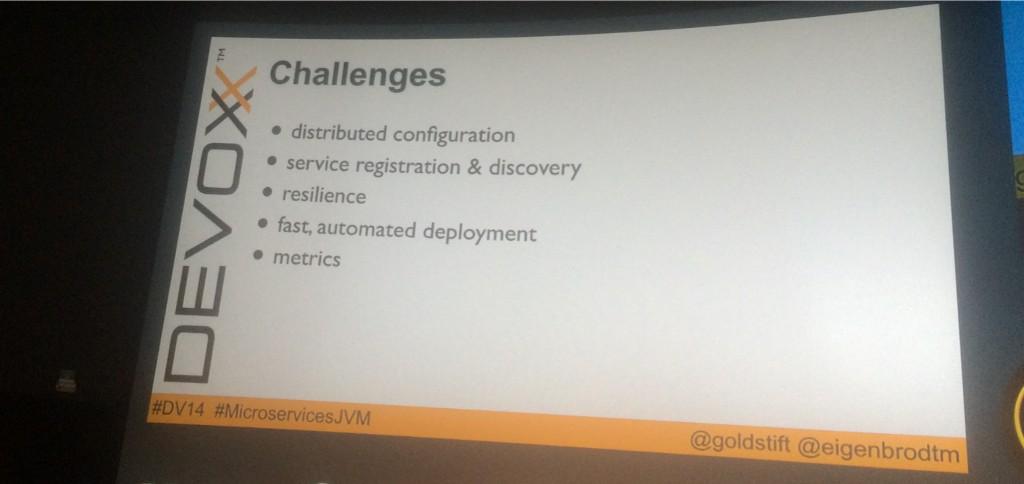 snicoll's tweet photo. Challenges for micro services. Nice story with Spring Cloud #devoxx #MicroservicesJVM http://t.co/nvaaIKVjJB