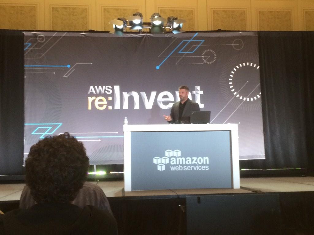 benkershner's tweet photo. @2lemetry CEO @kyleroche on stage at @AWSreInvent. http://t.co/KE56ThD4Dy