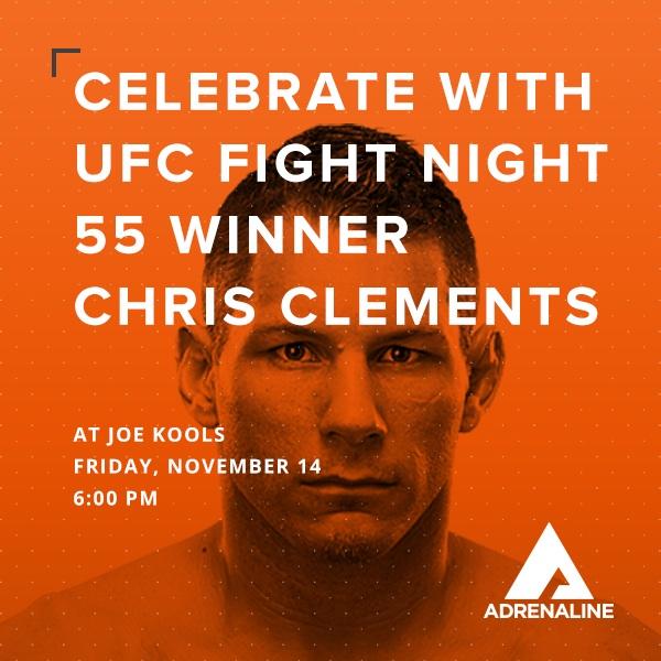 MarkHominick's tweet photo. Help us celebrate @menaceclements big win at #ufcfightnight55 at @joekoolslondon #ldnont 6pm Friday. @atcmma http://t.co/P7un7T1qnW