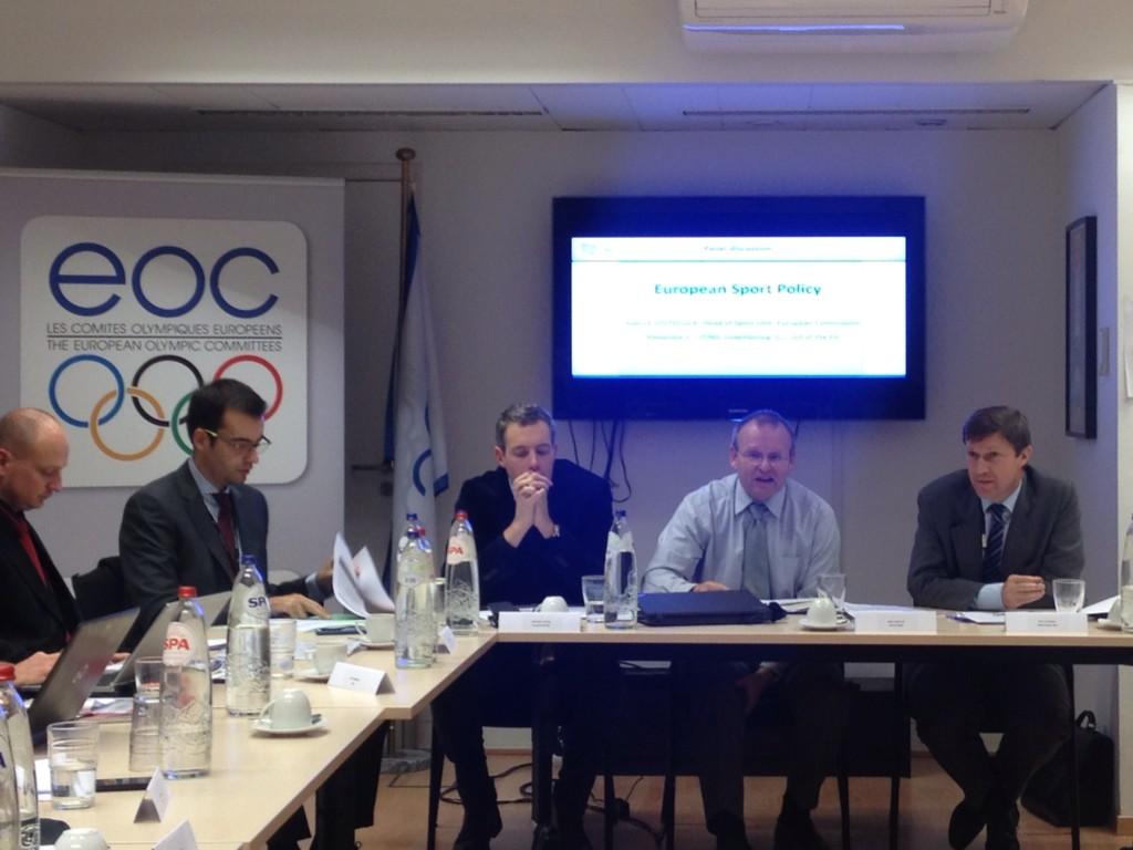 EOCEUOffice's tweet photo. Start of panel discussion on European sport policy with A. Husting, assistant @SantiagoFisas and @lelosyv #SCS2014 http://t.co/FvpsbFCSjO