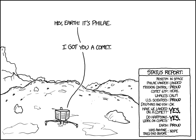 nbatalha's tweet photo. "Hey Earth! It's Philae. I got you a comet." #nobiggee #CometLanding @xkcd http://t.co/BiZlLbbRDT http://t.co/6FLIDXtvyr