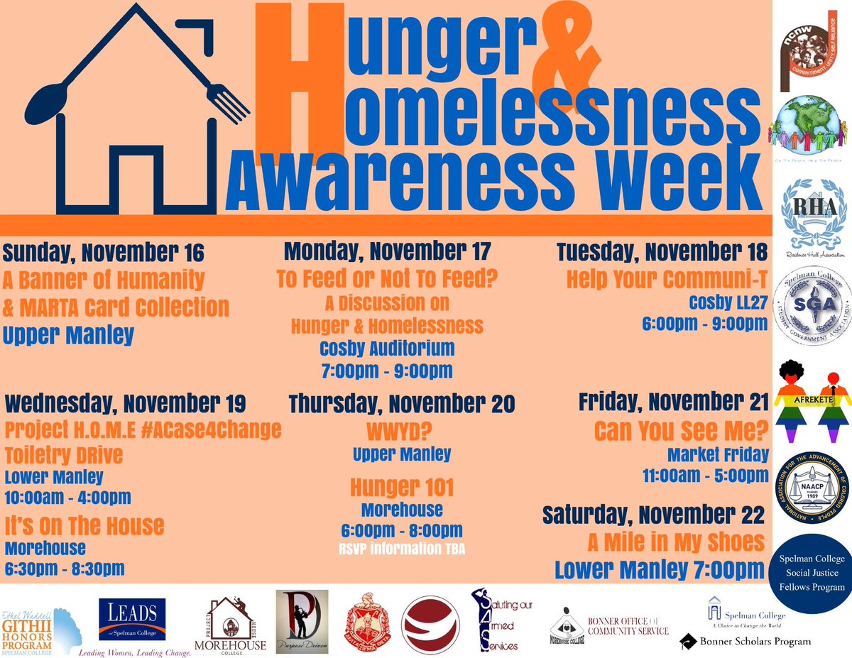 SpelmanServes's tweet photo. Support Hunger and Homelessness week at Spelman/Morehouse...Nov. 16-22!  Participate in service, discussion, &amp; more! http://t.co/eqEs8tYkNH