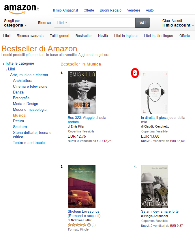 CloCecchetto's tweet photo. CLASSIFICA LIBRI AMAZON
E' uscito oggi ed è già N. 2 nei "Bestseller in Musica" (dopo @RealEmisKilla )
Grazieeeeeeeee http://t.co/U5PwJYxNUn