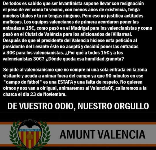 El mal comportamiento del segundón de Valencia levanta inquina entre los ches. (Foto vía @Cn10_Mestalla)