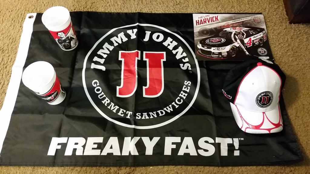 pe_davis1's tweet photo. Sweet! @jimmyjohns swag came! Thanks again! #4TheCup #win @KevinHarvick @weaverb12 #B12 #FlatlandFlash #FreakyFast http://t.co/2OnW5MI9Oe