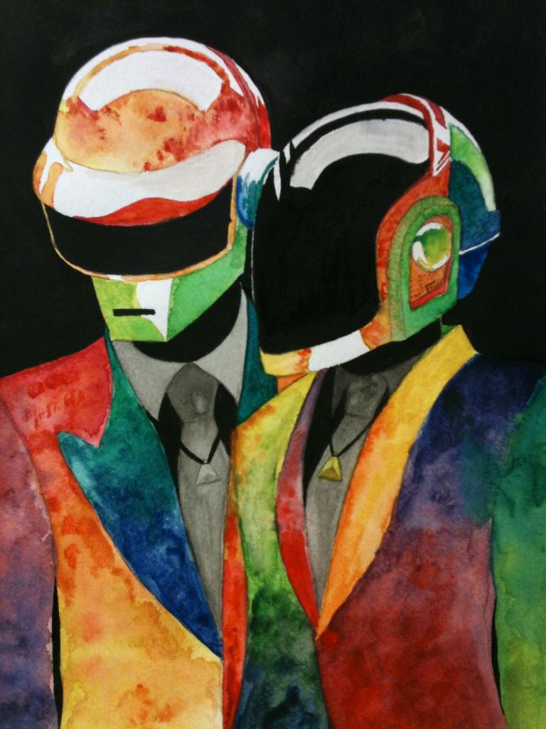 akjb's tweet photo. Original #daftpunk watercolor painted by Rayne Blair hanging in my office. @daftpunknews http://t.co/mIjOujRVQ5