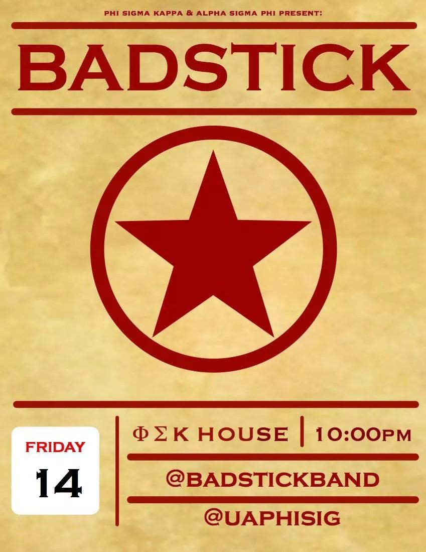 UAAlphaSigmaPhi's tweet photo. Hosting @BadStickBand at Phi Sig this Friday at 10 pm. For more info, ask a brother of @UAPhiSig or @UAAlphaSigmaPhi http://t.co/ep5q3PH8RX
