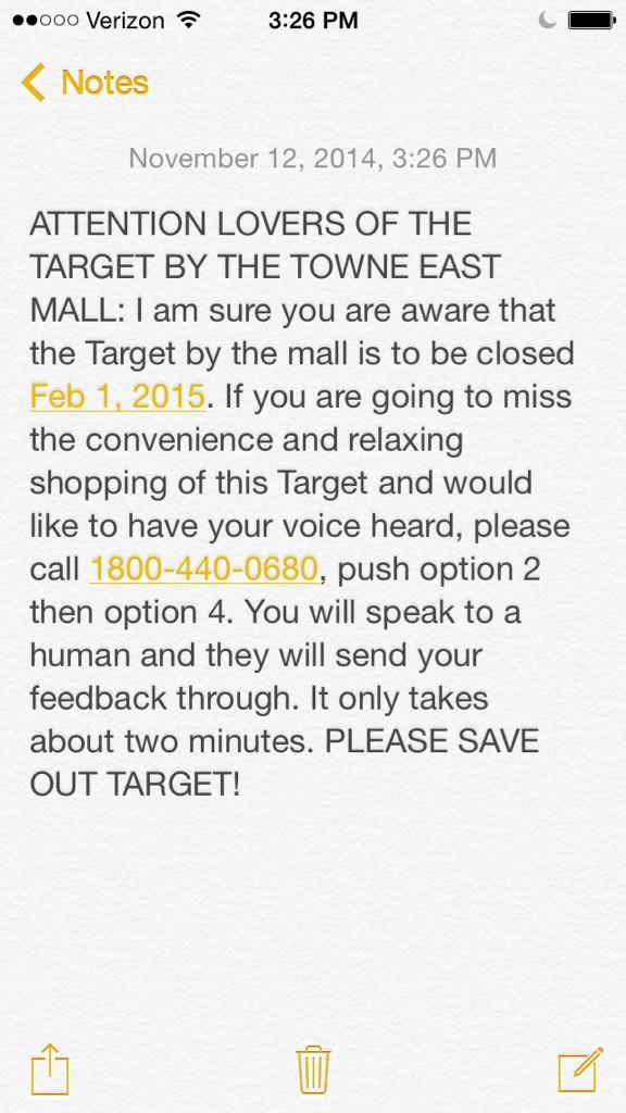 mollysue789's tweet photo. ATTENTION WICHITANS/ FELLOW TARGET LOVERS! RT to help Wichita #SAVETARGET!!! We don't want to go to walmart! http://t.co/Nknh1vyCUI"
