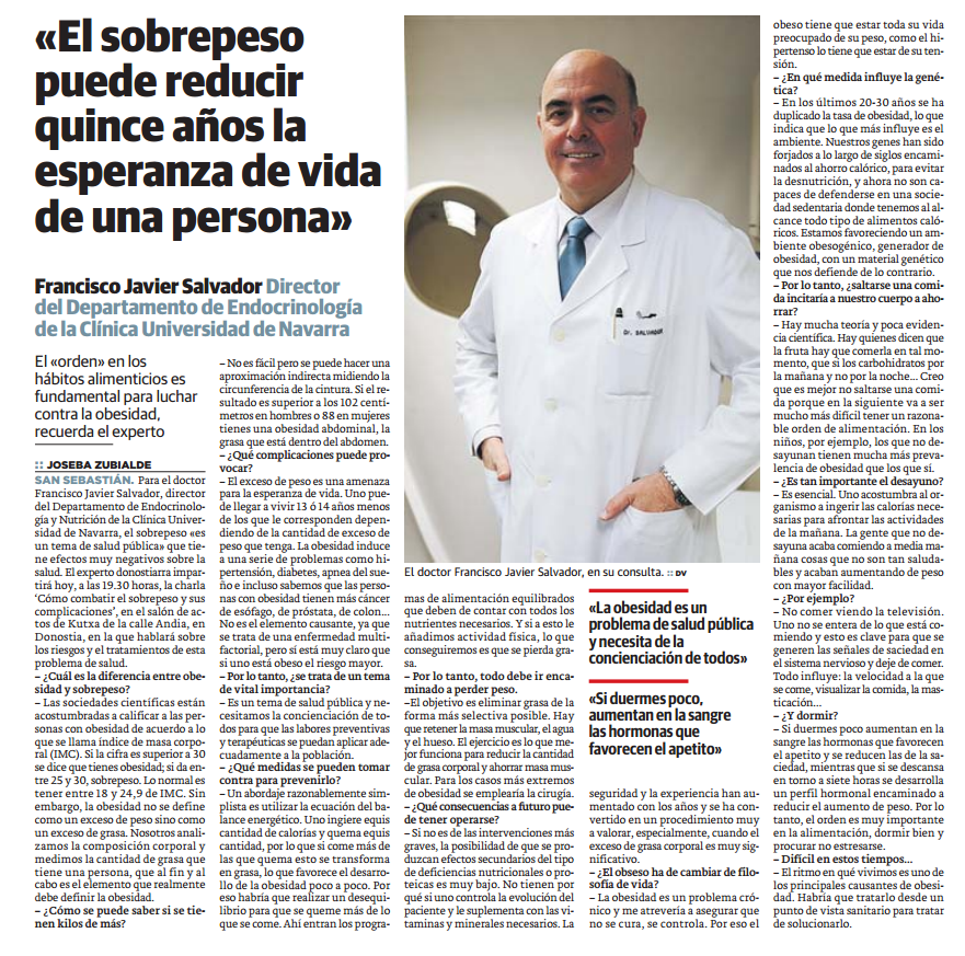 ClinicaNavarra's tweet photo. "El sobrepeso puede reducir 15 años la esperanza de vida" Dr. Javier Salvador #DíaMundialdelaObesidad http://t.co/YTywsaOs5k
