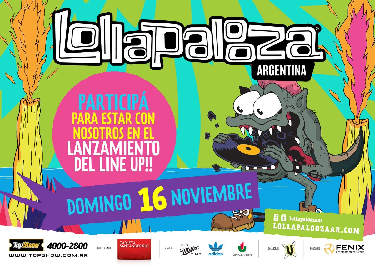 lollapaloozaar's tweet photo. Llega el anuncio que más esperabas… #LineUp #LollaAR ¡Dale RT a este tweet para estar en el evento del anuncio! http://t.co/72cJWq9nm9