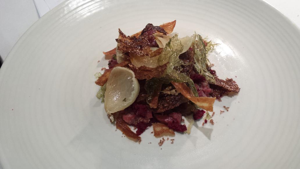 thelongapron's tweet photo. @fionadonnelly @HaganCj a little taster for you!! Suckling pork. Wagyu tartare. Goat milk &amp; green rhubarb! http://t.co/rHFhkE1KA1