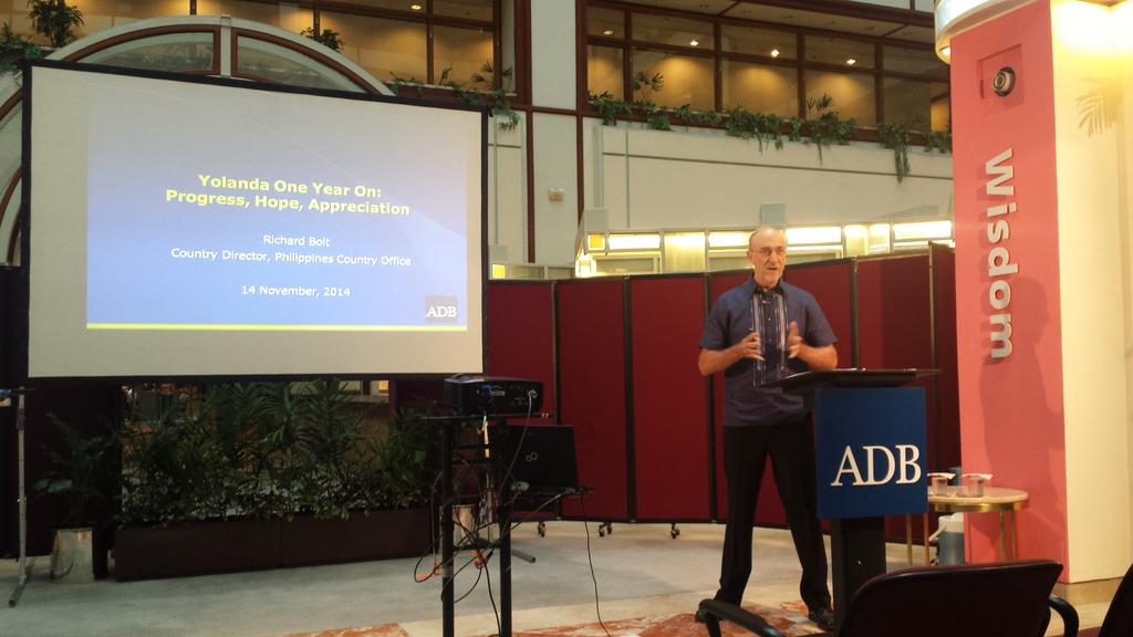 ADB_HQ's tweet photo. ADB PH Director Richard Bolt gives update on relief &amp; rebuilding efforts one year on #afterYolanda #InsightThursday http://t.co/mOZSIt1Ovw
