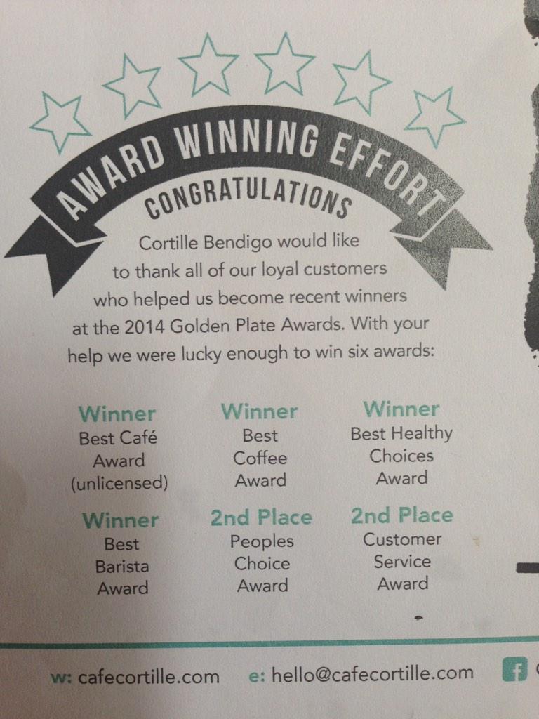 GoldenPlateAwds's tweet photo. Excellent use of marketing #GPA2014 success Cafe #Cortille in #Bendigo. http://t.co/5Fnjj1R0g1
