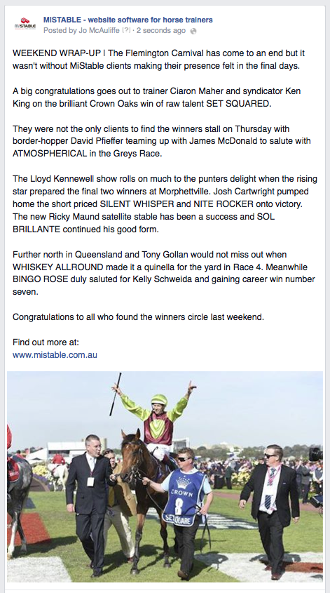 MiStable's tweet photo. The Flemington Carnival is over and our WEEKEND WRAP-UP covers all our clients successes Australia wide #GiddyUp http://t.co/lNgXlV2nDc