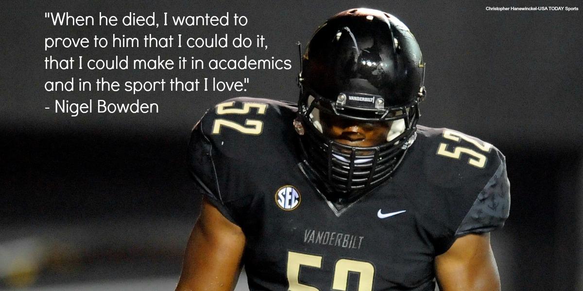 NCAA's tweet photo. Since Nigel Bowden's brother died in Iraq, the Vandy LB has honored him in everything he does: http://t.co/DiMO98F9uv http://t.co/B4yLaVuQzH