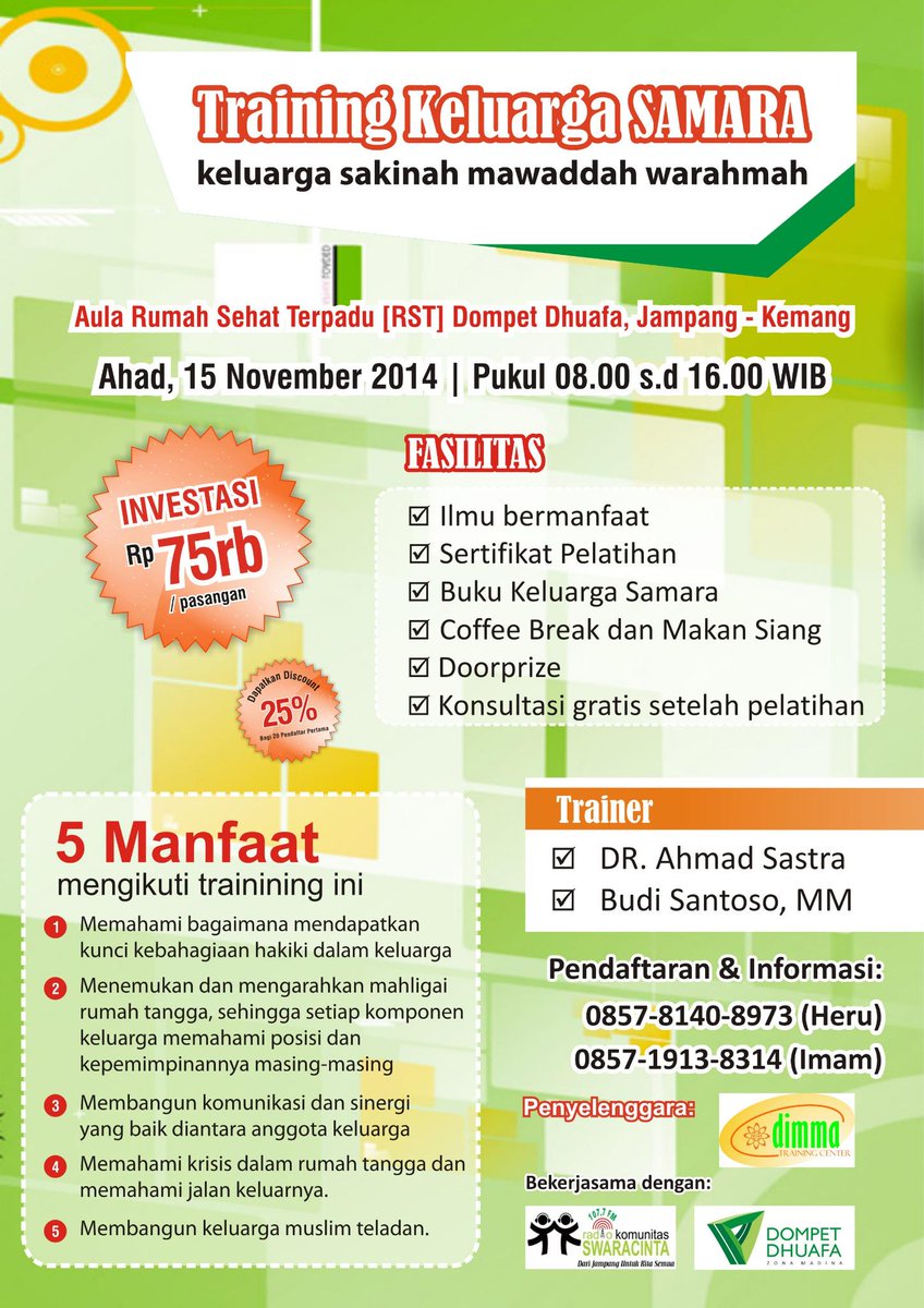 zonamadinaDD's tweet photo. Hadirilah acara Training keluarga SAMARA Hari Sabtu tgl 15 November 2014 @Dompet_Dhuafa @HodijahRita @Alsyukro_DD http://t.co/Vcqj47rJk4