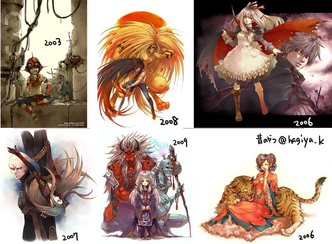 昔のイラストデータMOに全部移して取り出せないと思ってたらPCにちょっと残ってた。上段左2枚版権絵(音ゲーとうしとら)、他創作絵で順序バラバラ。絵柄や使ってる色があんまり変わってないような… 