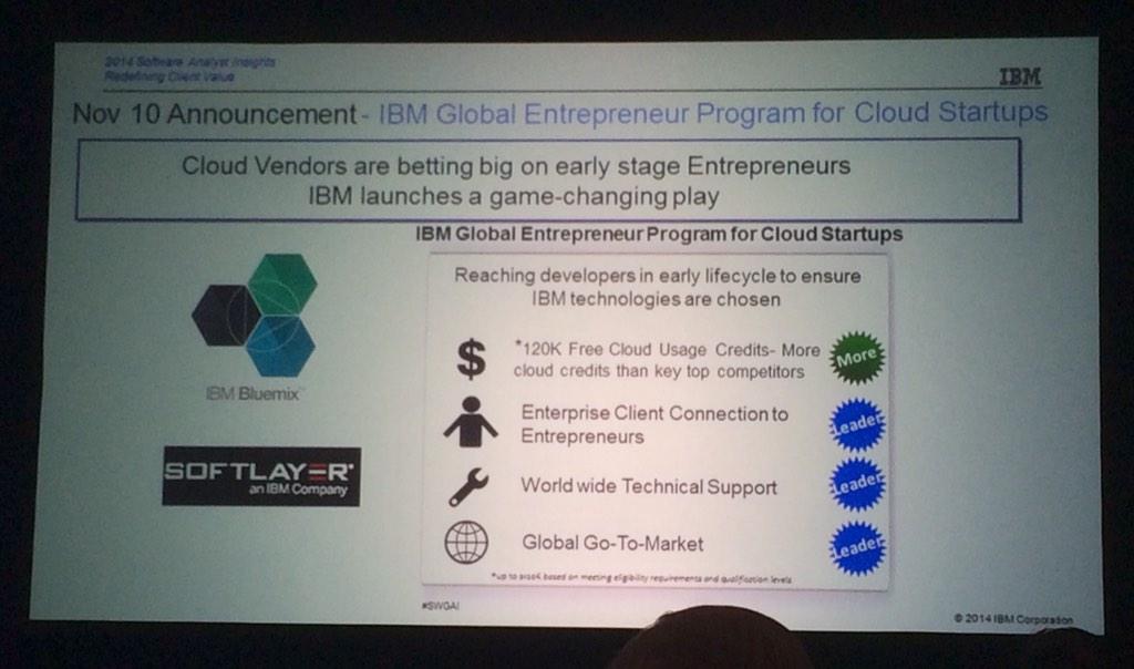 JacquiDaveyUK's tweet photo. “@JimLundy: Ok startups - IBM has a Cloud Platform for you. #swgai #mobile #socbiz http://t.co/nzGNgLotOI” Entrepreneur support from BigBlue