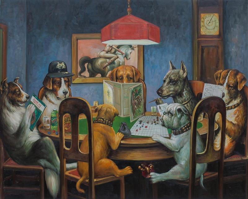 doctorow's tweet photo. Dogs playing D&amp;D http://t.co/PrEnUPLjY5 http://t.co/0iNUDlM3st