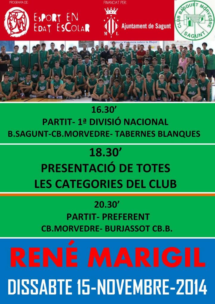 Aquest dissabte,presentacio del ClubBasquetMorvedre i d la seua escola esportiva. T'esperem al René <a href="/fbcv_es/">FBCV</a>