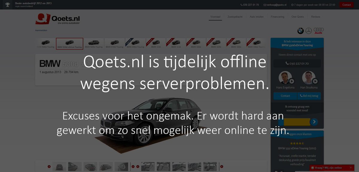 Qoetsnl's tweet photo. Onze website is tijdelijk offline wegens serverproblemen. Excuses voor het ongemak. http://t.co/Cq6ZXoP59T