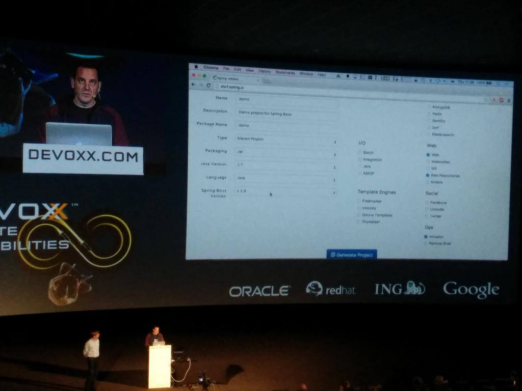 squinscom's tweet photo. #Spring boot project created within a minute via http://t.co/UP2jZjd742 #devoxx  #dv14 http://t.co/V6Mf9mW5Dh