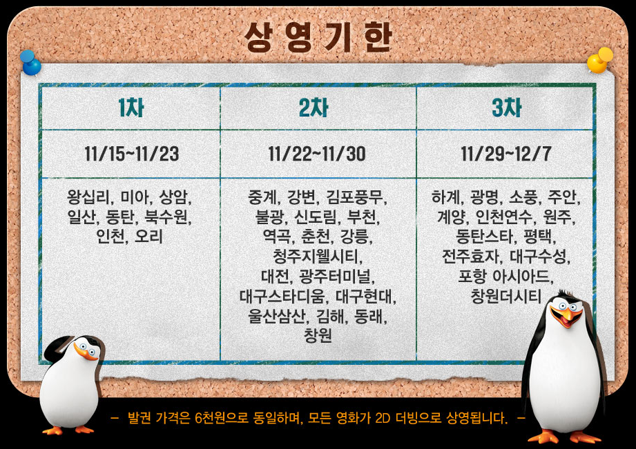 CGV에서 마다가스카의 펭귄 개봉 기념 드림웍스 기획전을 진행합니다! 총 3주에 걸쳐서 3회차 동안 전국의 극장에서 가디언즈, 드래곤 길들이기2,...