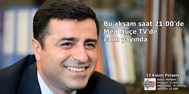 DEMGenelMerkezi's tweet photo. Eş Genel Başkanımız Selahattin #Demirtaş bu akşam saat 21:00'de Med Nûçe TV'de canlı yayında. http://t.co/5TjjhkhjFV