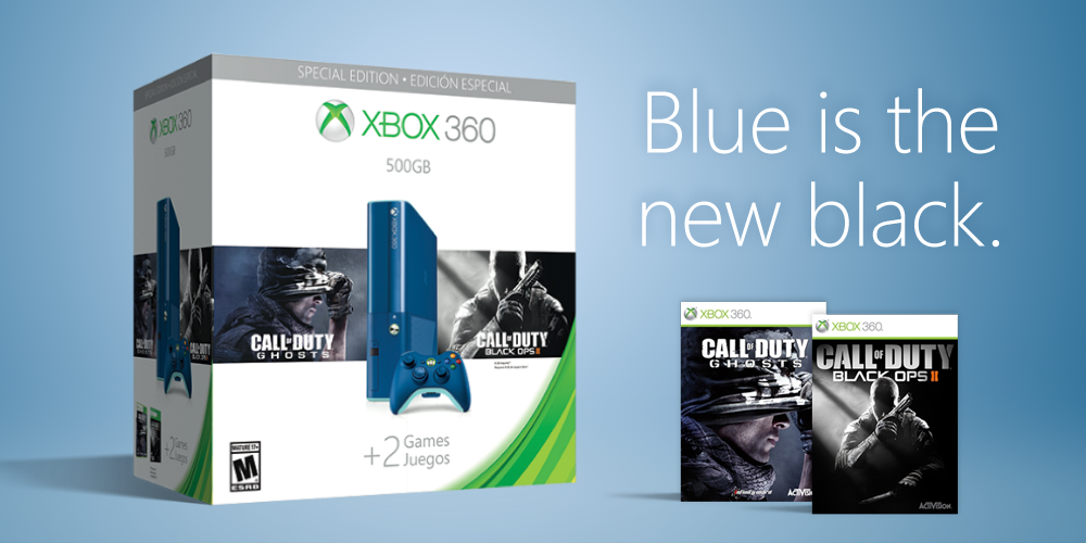 XBOX's tweet photo. Enjoy the new, blue 500GB Xbox 360 with Call of Duty©: Black Ops II &amp; Call of Duty©: Ghosts: http://t.co/Bm165jrCzY http://t.co/npr4YVS4nO