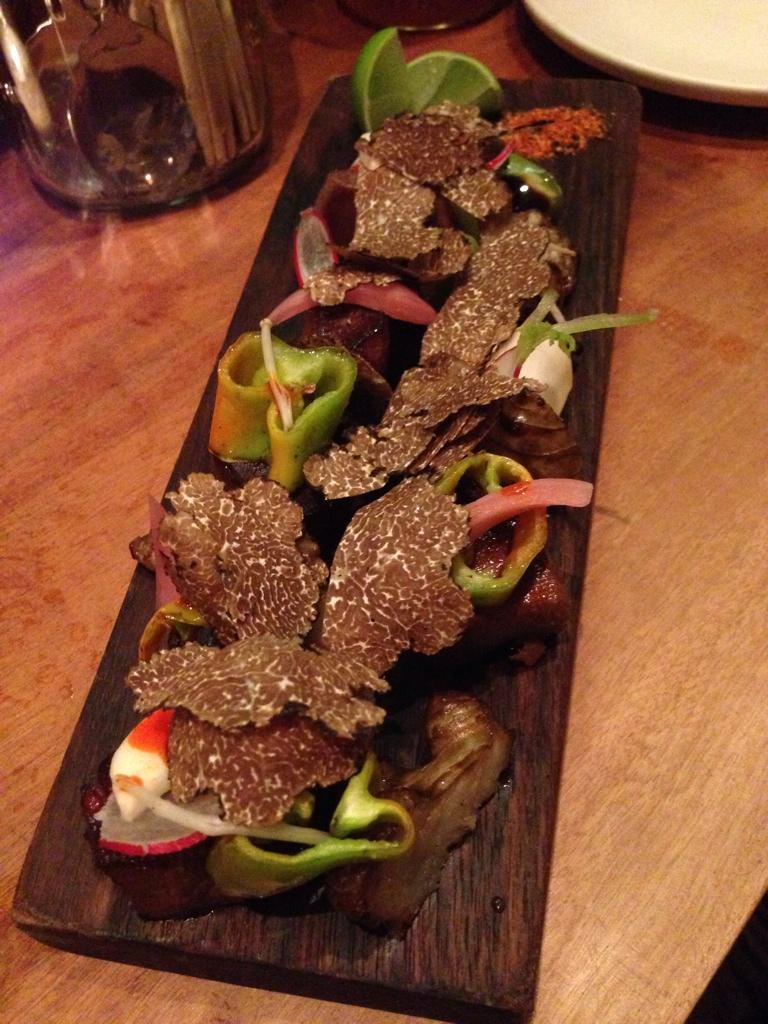 Beautiful presentation of beef tongue with shishito peppers, #matsutake mushrooms, and #truffles <a href="/NamuSF/">Namu</a>