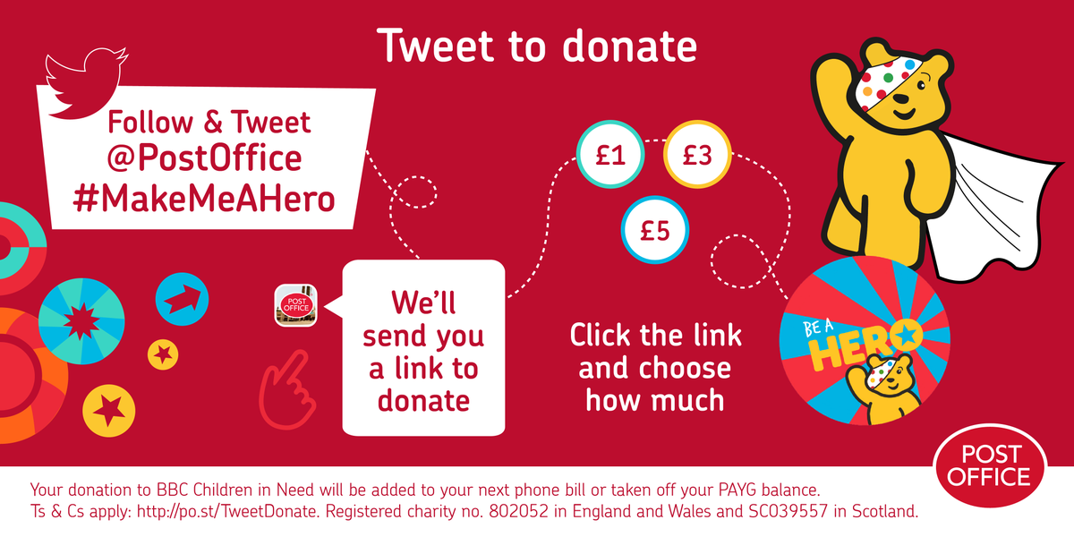 PostOffice's tweet photo. Simply tweet @PostOffice #MakeMeAHero to donate to @BBCCiN - no card needed. 100% goes to charity. #BeAHero http://t.co/Xr1AG8qXBq