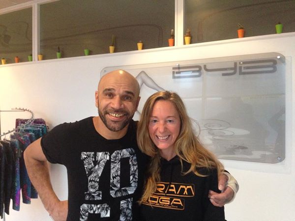 Funkitdesign's tweet image. Drum &amp;amp; Bass legend Goldie posing in front of some of our designs when he popped into Bikram Yoga Bournemouth