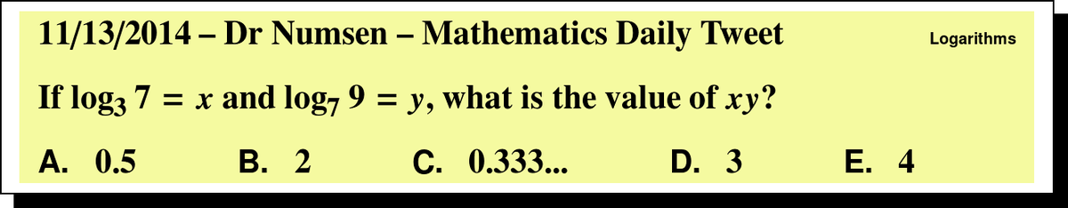 DrNumsenMath's tweet photo. Log problem today! #UILMath Answer: http://t.co/o51DH7eA8y http://t.co/9owAsJbj5L