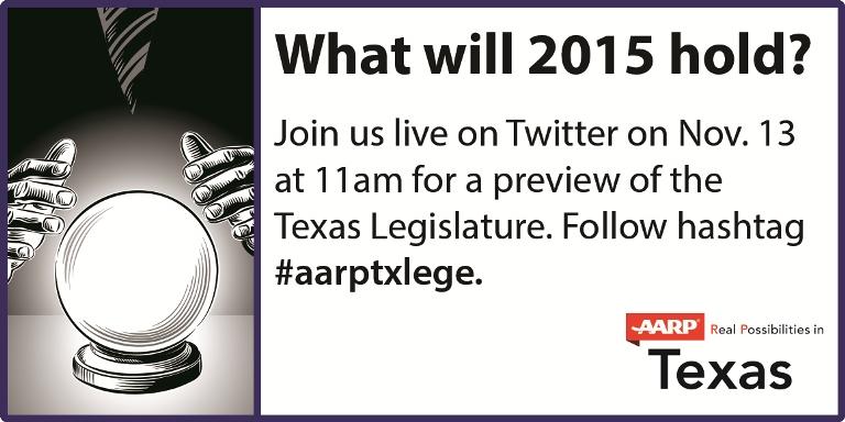 AARPTX's tweet photo. We're chatting live about the 2015 #txlege in just 30 minutes. Use #aarptxlege to follow along and chime in. http://t.co/jXg1glPki1