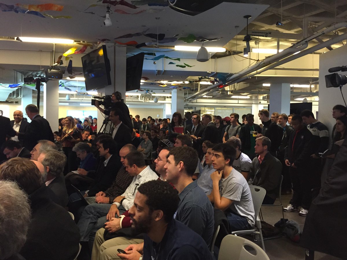 innovationlab's tweet photo. The room is overflowing and standing room room only for the @harvard Computer Science announcement! #HarvardCS http://t.co/JVkRj8JjXF