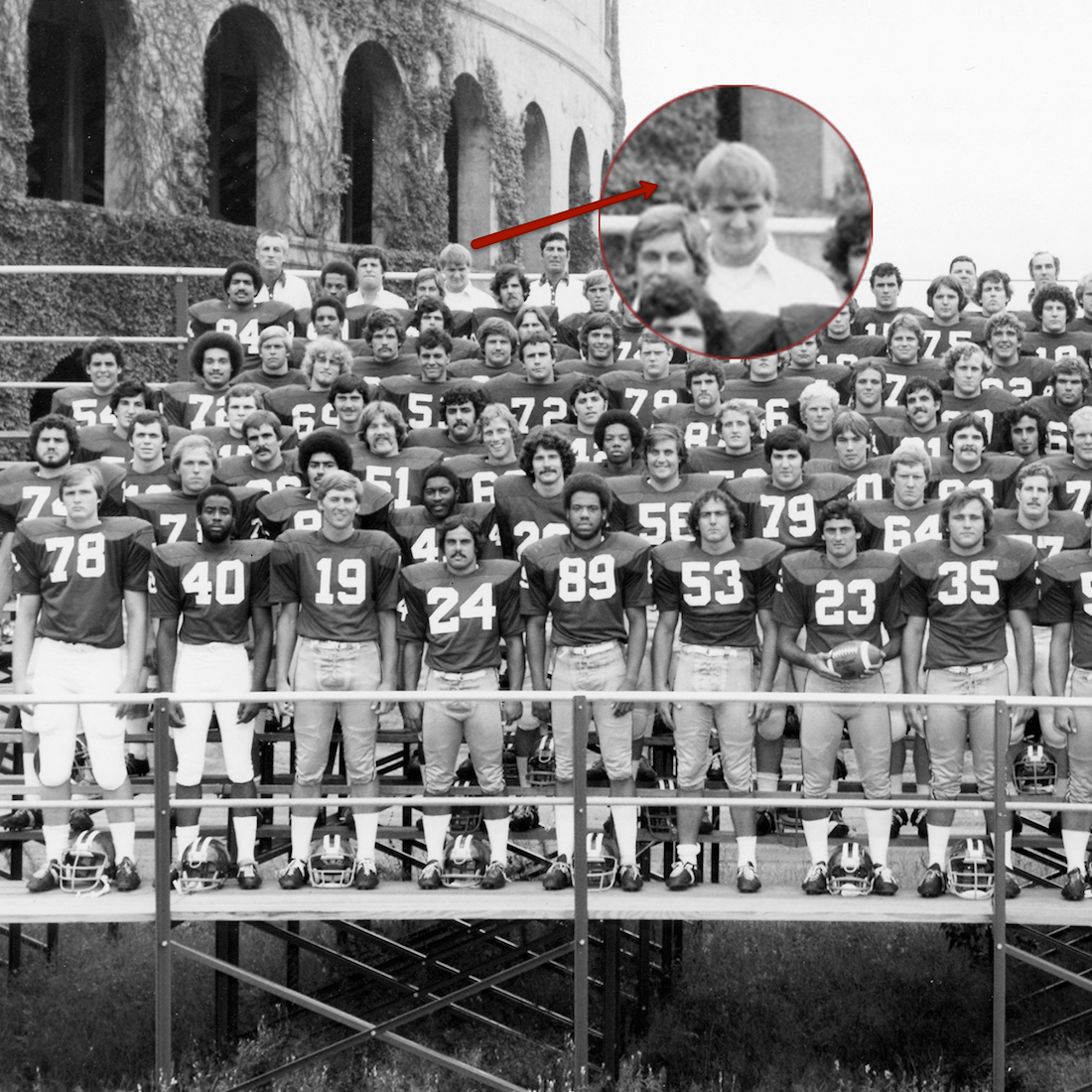 Harvard's tweet photo. We spotted Steve Ballmer during his days as a student in the back row of a @HarvardFootball photo #tbt #HarvardCS http://t.co/pLXVntGorf