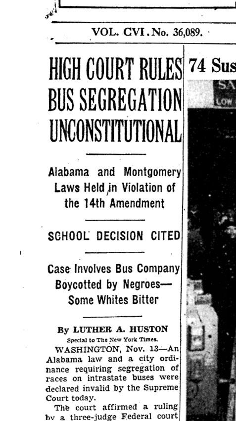 NYTArchives's tweet photo. 58 years ago today, the Supreme Court ruled against racial segregation on Alabama buses. http://t.co/rf1MPDaSmK http://t.co/WFacucxKoS