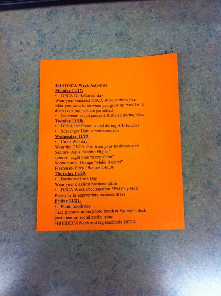 DECABuchholz's tweet image. Who's ready for an awesome DECA week?? Here's a breakdown of what we're doing to celebrate #BHSDECA #DECAWeek2014