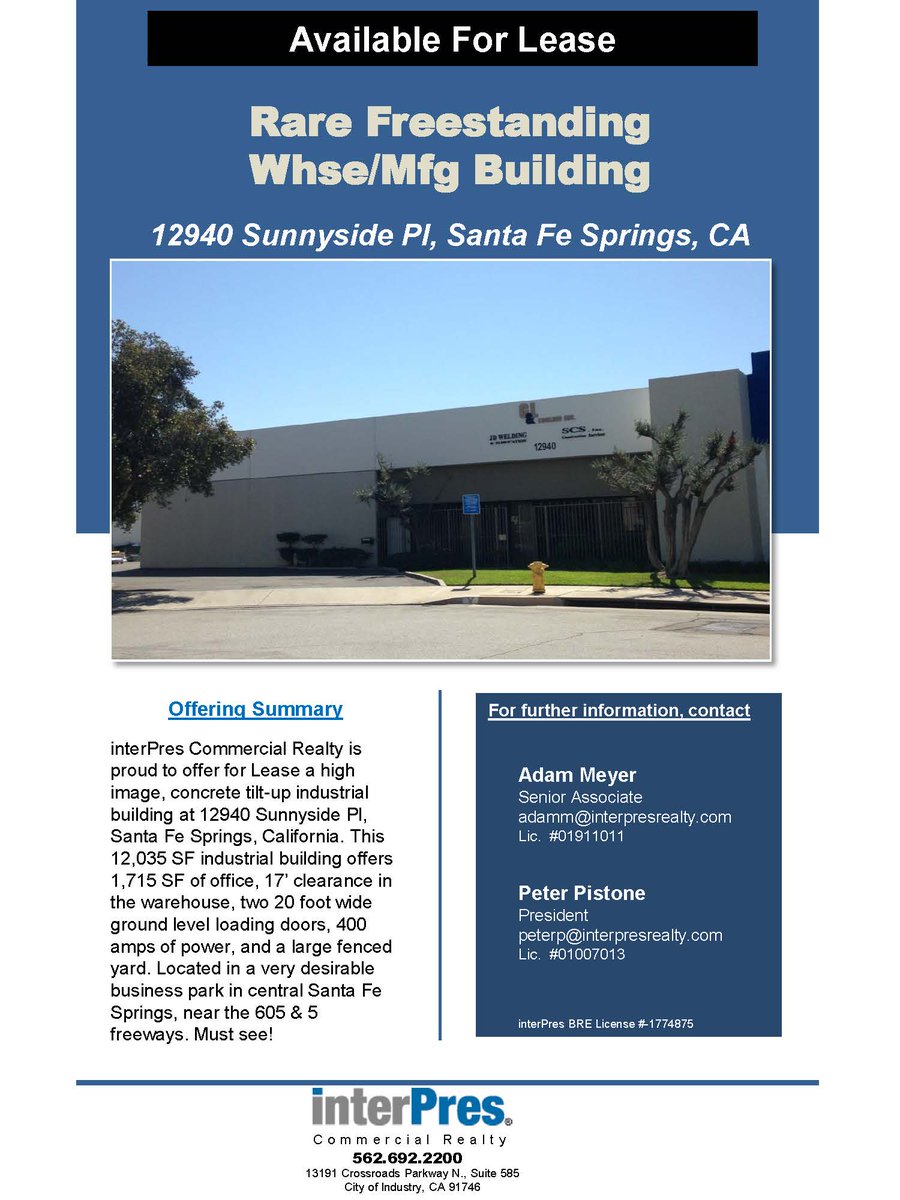 interPres_'s tweet image. 12,035 SF building for lease w 1,715 SF of office. Located near the 605 and 5 fwys. A must see! Call 4 more info!