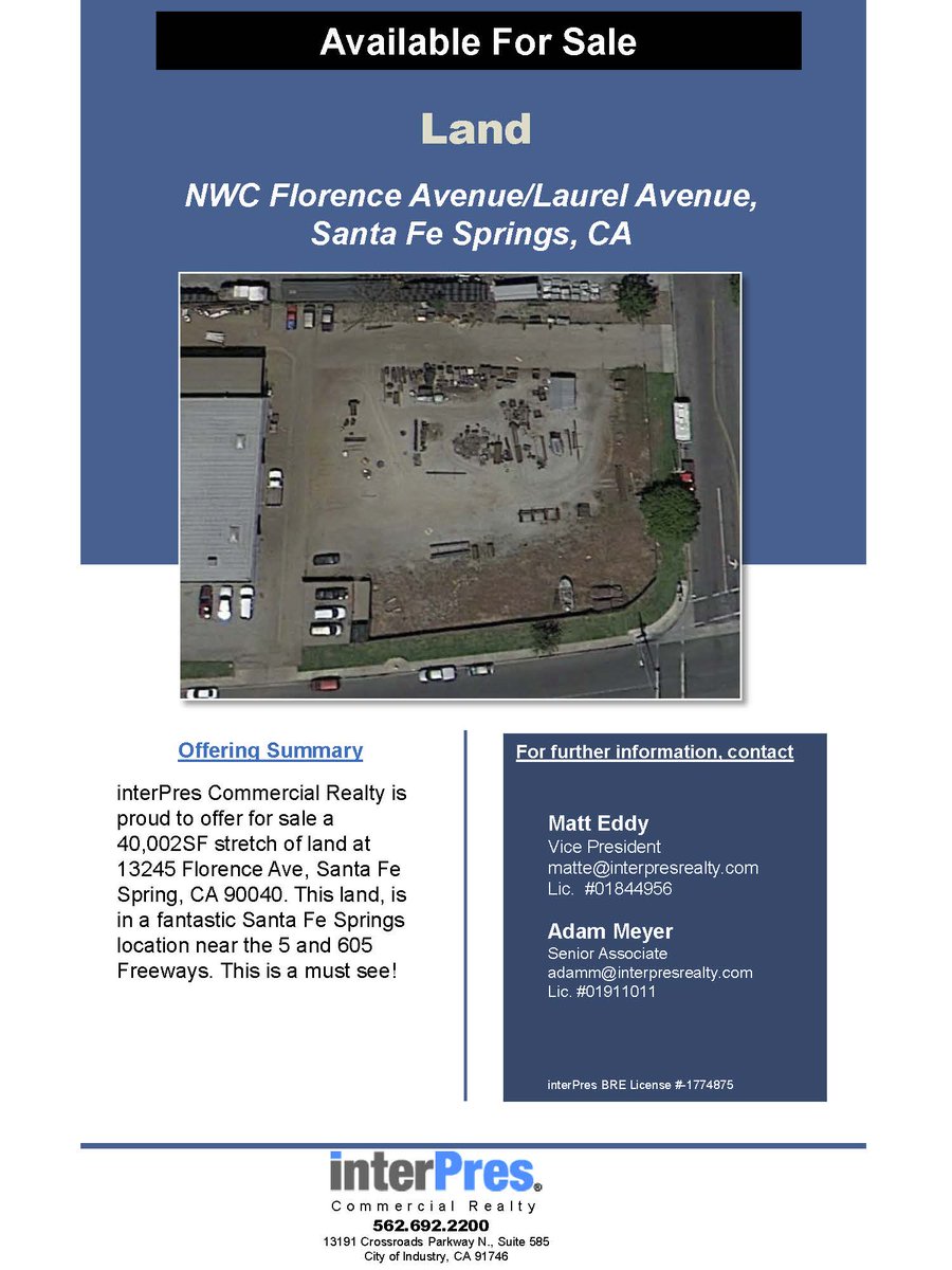 interPres_'s tweet image. 40,002 SF land for sale! Located in Santa Fe Springs near the 605&amp;amp;5 fwys! Call us for more information!