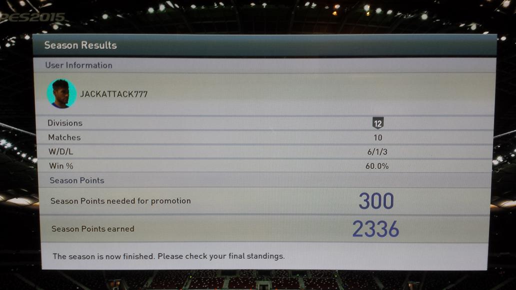 JackoMessi10's tweet image. @Adam_Bhatti Day1, Promotion 1 into Division 11. W6 D1 L3 F20 A14. Having a Ball on PES2015 excuse the pun. #divisons