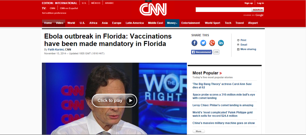 bentower99's tweet photo. #EbolaInFlorida CNN confirms vaccinations are now mandatory in Florida... #Ebola #EbolaOutbreak #EbolaFlorida http://t.co/L5tzNkHIBo